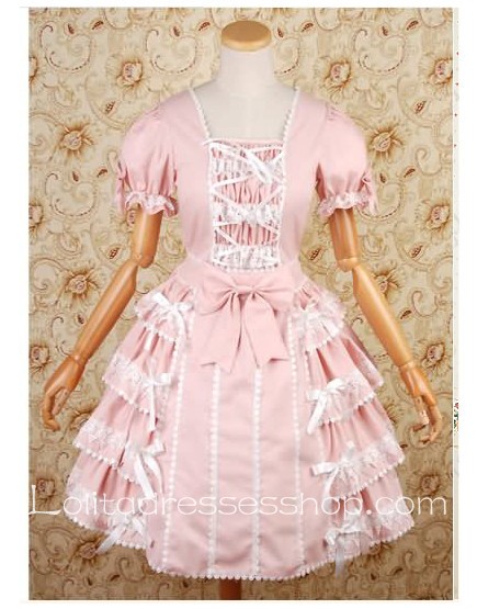 Pink Straight Neckline Short Sleeve Sweet Lolita Dresses With Side draped Style