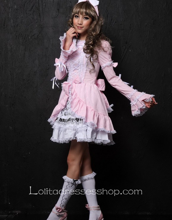 Knee-length Pink/Black High Neckline Cotton Gothic Lolita dress With Under Layer Style