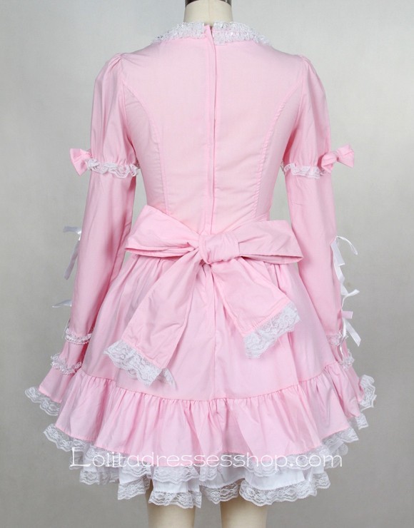 Knee-length Pink/Black High Neckline Cotton Gothic Lolita dress With Under Layer Style