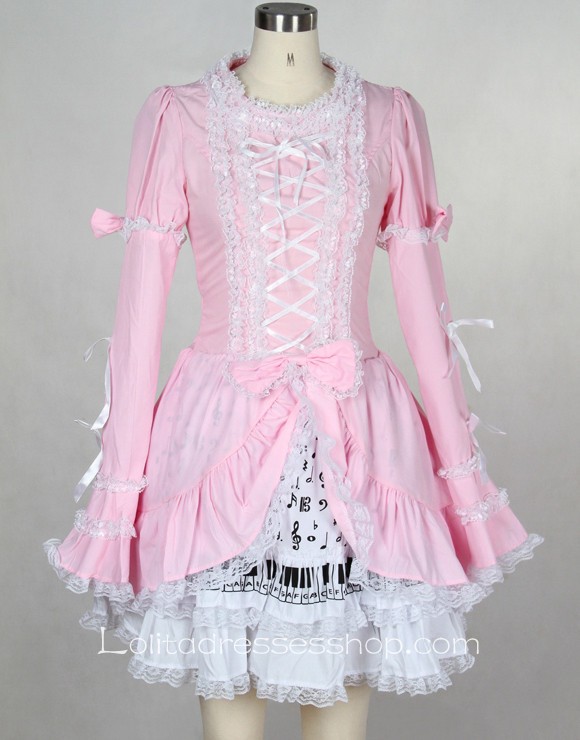 Knee-length Pink/Black High Neckline Cotton Gothic Lolita dress With Under Layer Style