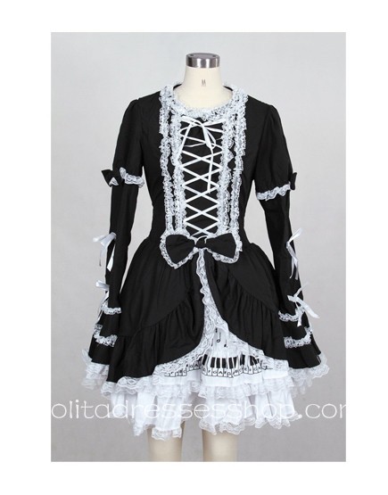 Knee-length Pink/Black High Neckline Cotton Gothic Lolita dress With Under Layer Style