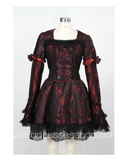 Black/Red Square Neckline Short Sleeve Cotton gothic Lolita dress With Lace Overlay Style