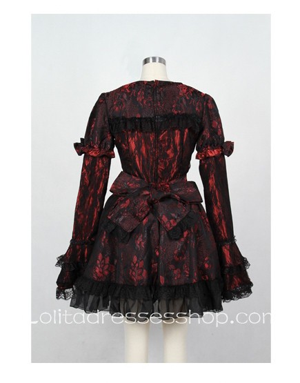 Black/Red Square Neckline Short Sleeve Cotton gothic Lolita dress With Lace Overlay Style