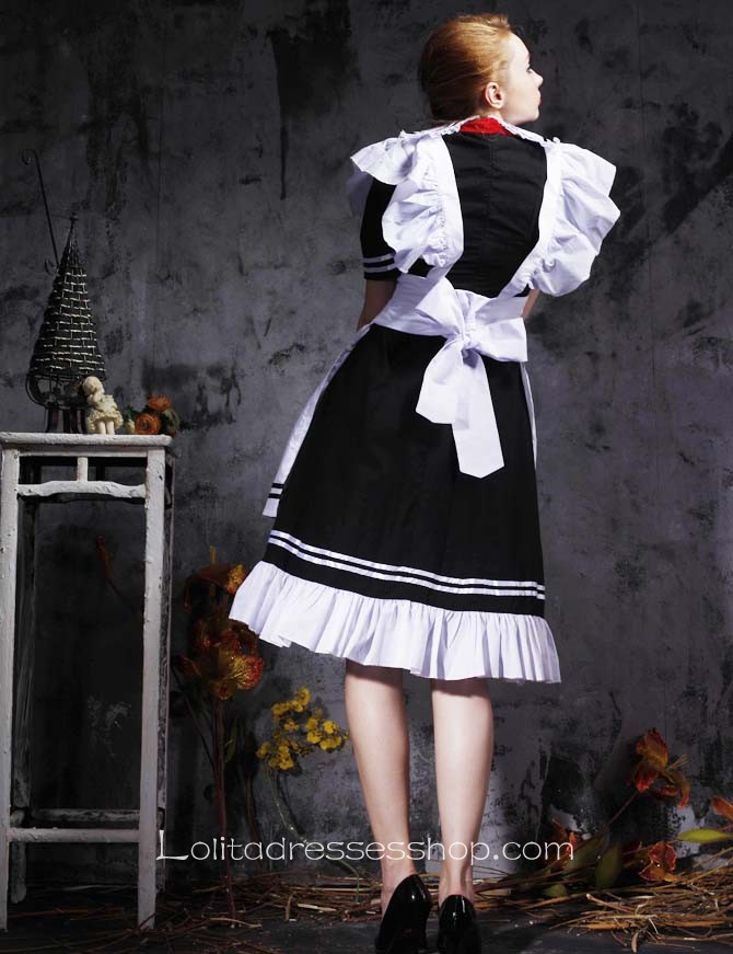 Black And White Turndown Collar Short Sleeves Cotton Cosplay Lolita Dress