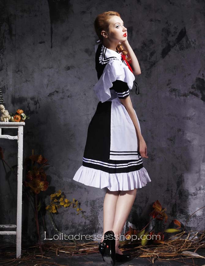 Black And White Turndown Collar Short Sleeves Cotton Cosplay Lolita Dress