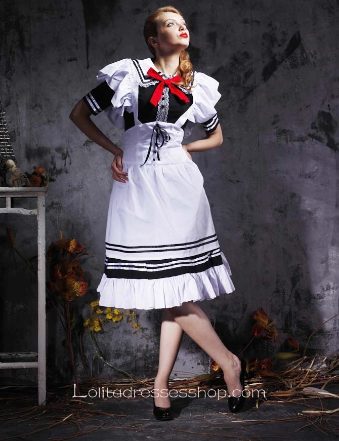 Black And White Turndown Collar Short Sleeves Cotton Cosplay Lolita Dress