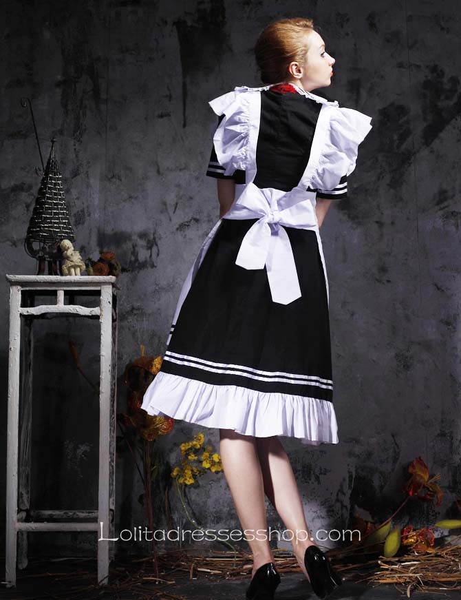 Black And White Turndown Collar Short Sleeves Cotton Cosplay Lolita Dress