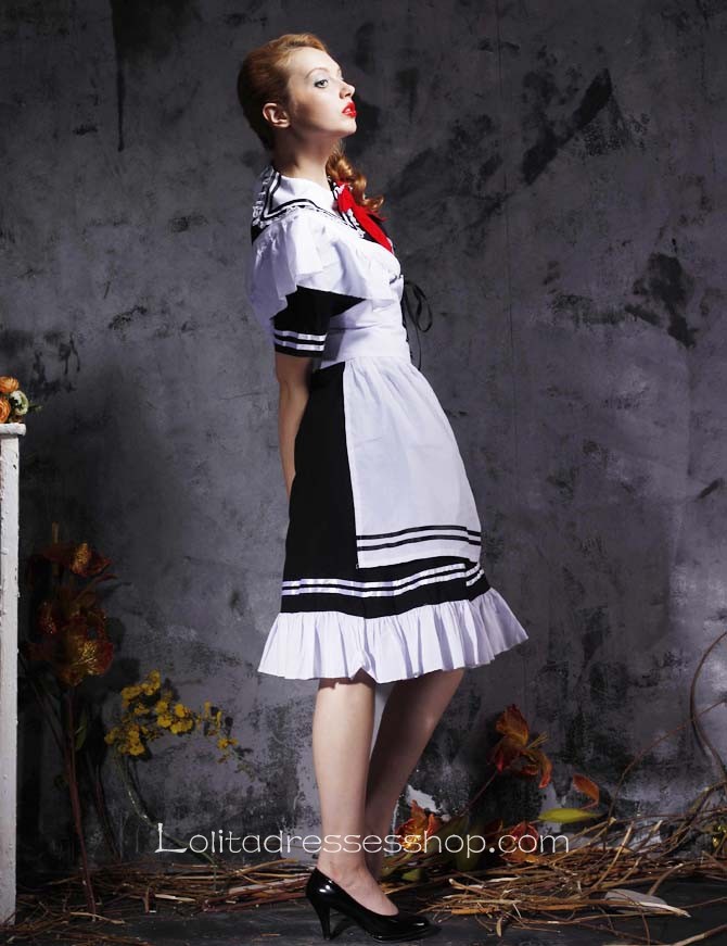 Black And White Turndown Collar Short Sleeves Cotton Cosplay Lolita Dress
