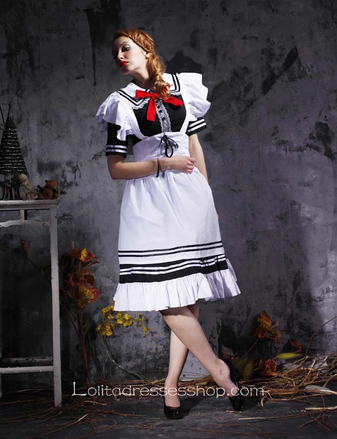 Black And White Turndown Collar Short Sleeves Cotton Cosplay Lolita Dress