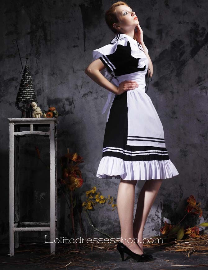 Black And White Turndown Collar Short Sleeves Cotton Cosplay Lolita Dress