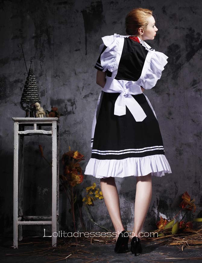 Black And White Turndown Collar Short Sleeves Cotton Cosplay Lolita Dress