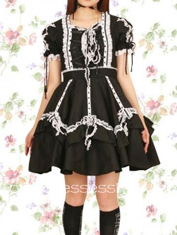 Black And White Square-collar Short Sleeves Cosplay Lolita Dress With Tiers