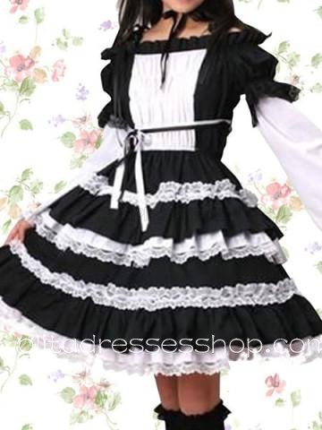 Black And White Cotton Long Sleeve Cosplay Lolita Dress With Lace Trim And Ruffles