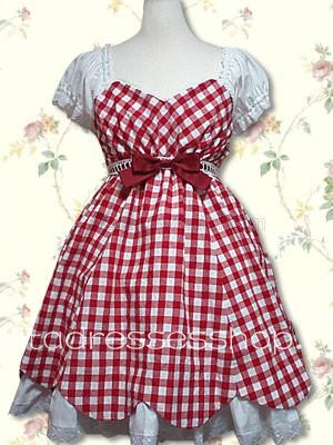Red And White Sweetheart Short Sleeve Empire Cosplay Lolita Dress With Shepherd Check