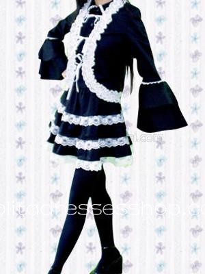 Black And White Turtleneck Long Sleeve Ruffles Lace Cotton Cosplay Lolita Dress