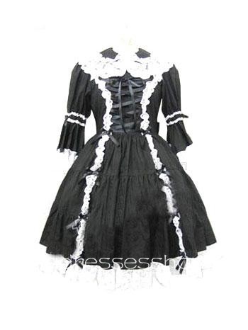 Black And White Lace Collar Long Sleeve Knee-length Cosplay Lolita Dress