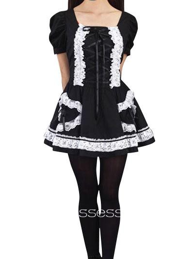 Black And White Square-collar Short Sleeve Empire Cosplay Costume