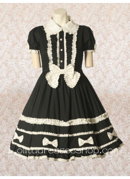 Knee-length Black Cotton Empire Classic Lolita Dress With Lace Collar And Ruffles Style