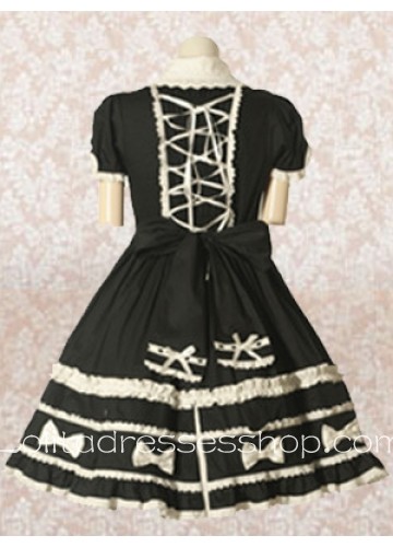 Knee-length Black Cotton Empire Classic Lolita Dress With Lace Collar And Ruffles Style