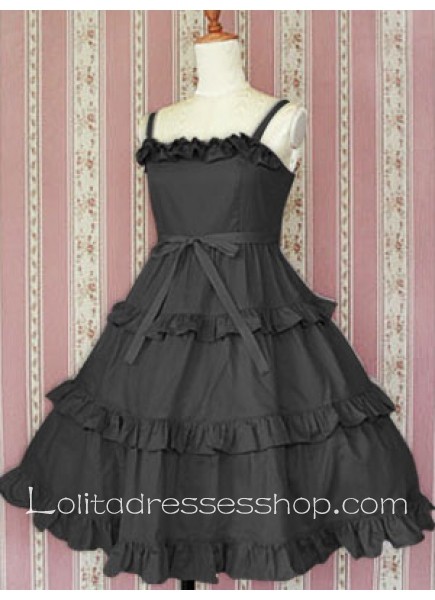 Tea-length Black Cotton Spaghetti Straps Sleeveless Empire Lolita Dress With Lace-up And Layers Style