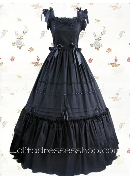 Black Cotton Square Neckline Empire Sleeveless Classic Lolita Dresses With Ribbon