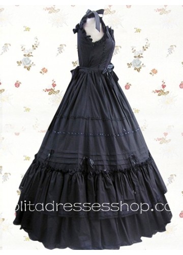 Black Cotton Square Neckline Empire Sleeveless Classic Lolita Dresses With Ribbon