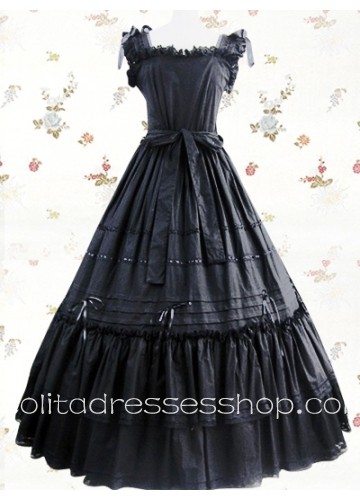 Black Cotton Square Neckline Empire Sleeveless Classic Lolita Dresses With Ribbon