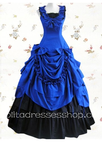 Blue Cotton Square Sleeveless Empire Floor-length Classic Lolita Dress With Bow And Ruffles