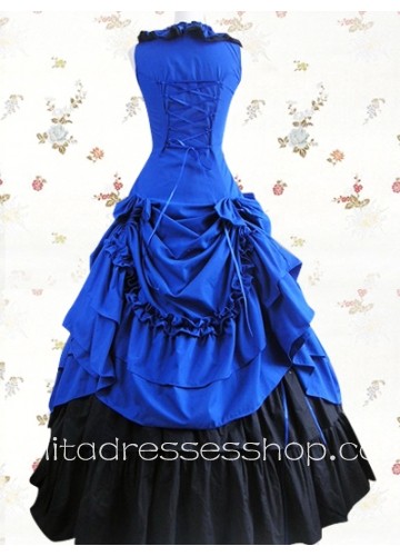 Blue Cotton Square Sleeveless Empire Floor-length Classic Lolita Dress With Bow And Ruffles