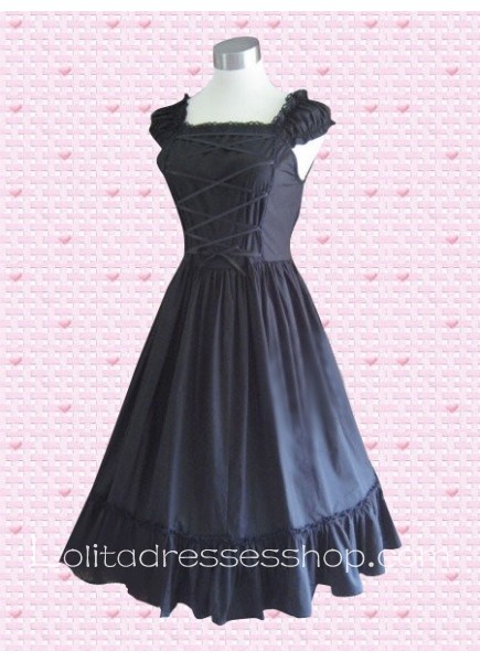 Tea-length Black Cotton Square Empire Classic Lolita Dress With Cap Sleeves And Ruffles