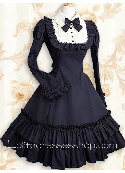 Tea-length Elegant Cotton Turndown Collar Fake Two Pieces Classic Lolita Dress With Tiers