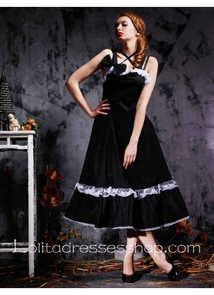 Black Cotton Straps Sleeveless Empire Classic Lolita Dress With Lace Style