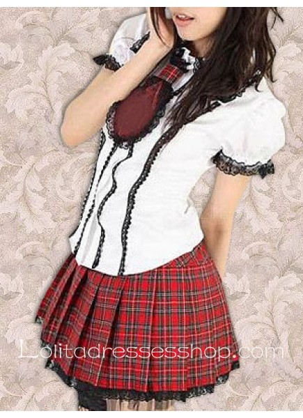 Short Cotton Turndown Collar Short Sleeves Blouse And Grid short skirt Lolita Dress With Pleats