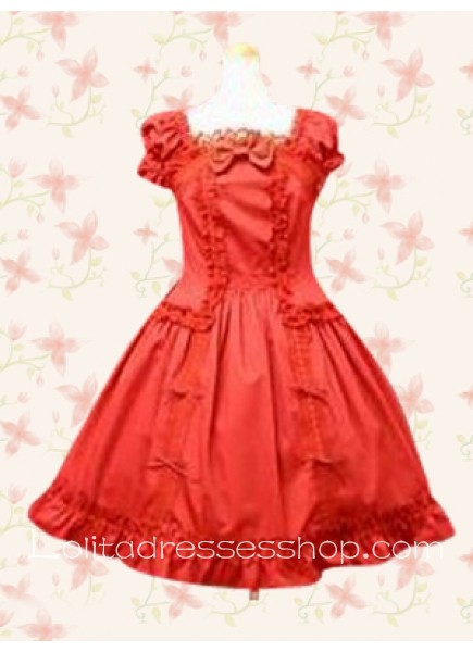 Red Cotton Square Cap Sleeves Empire Classic Lolita Dress With Bow and Ruffles Style