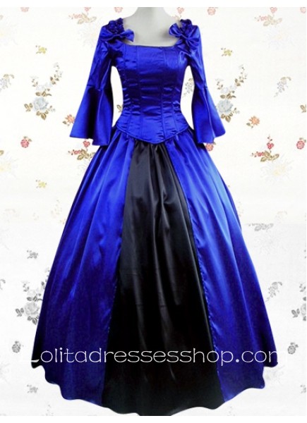 Deep Blue Satin Square Long Sleeves Empire Classic Lolita Dress With Ruffles Style