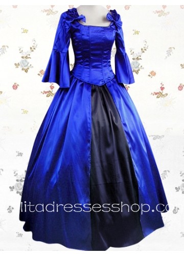 Deep Blue Satin Square Long Sleeves Empire Classic Lolita Dress With Ruffles Style