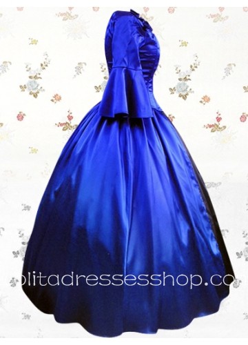 Deep Blue Satin Square Long Sleeves Empire Classic Lolita Dress With Ruffles Style