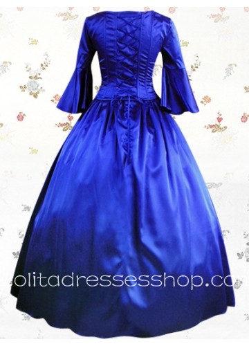 Deep Blue Satin Square Long Sleeves Empire Classic Lolita Dress With Ruffles Style