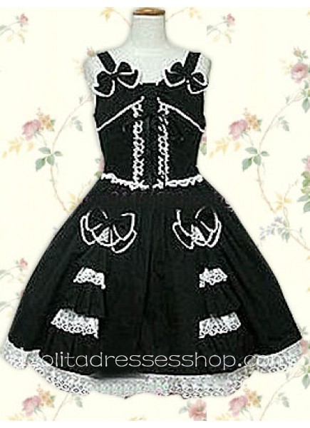 Black Cotton Straps Sleeveless Empire Classic Lolita Dress With Bow Style