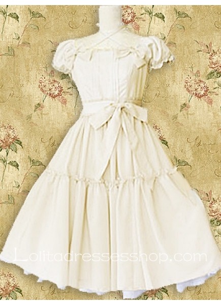 Knee-length Square Short Sleeves Empire Cotton Classic Lolita Dress With Ruffles Sash And Bow Style