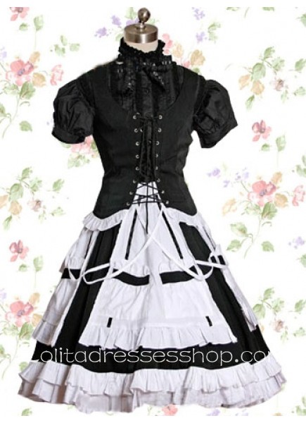 White And Black Lace Collar Short Sleeve Cotton Gothic Lolita Dress With Tiers