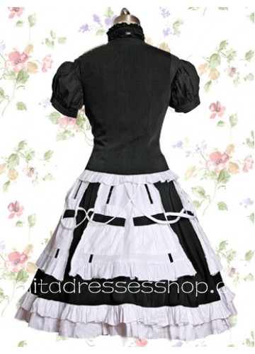 White And Black Lace Collar Short Sleeve Cotton Gothic Lolita Dress With Tiers