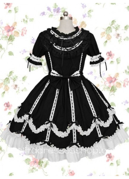 Black And White Round Neck Short Sleeves Empire Gothic Lolita Dress With Ruffles