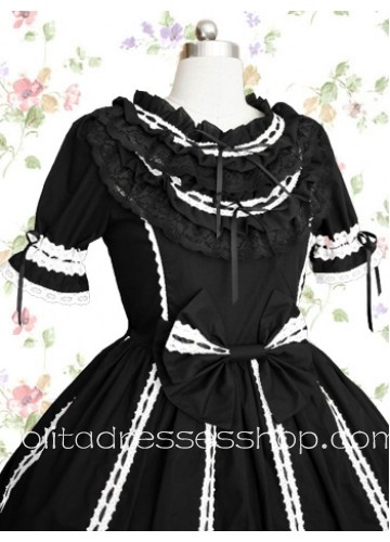 Black And White Round Neck Short Sleeves Empire Gothic Lolita Dress With Ruffles