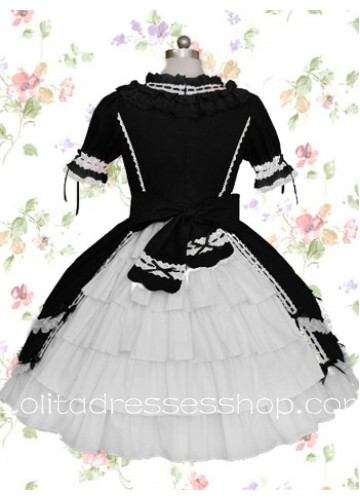 Black And White Round Neck Short Sleeves Empire Gothic Lolita Dress With Ruffles