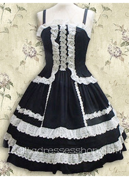 Black And White Spaghetti Straps Sleeveless Empire Knee-length Gothic Lolita Dress With Lace And Ruffles