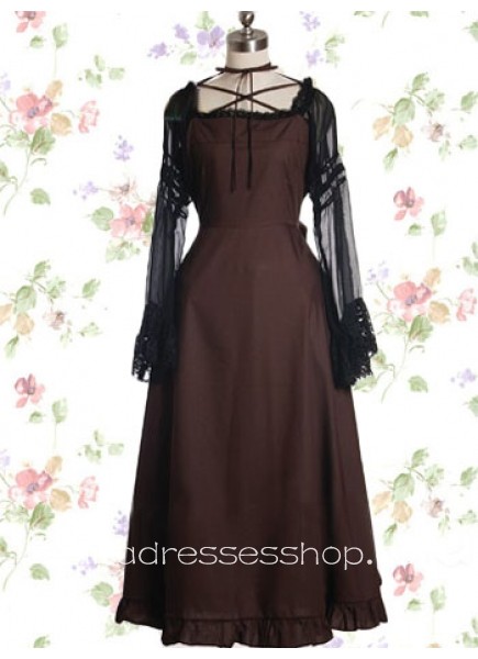 Dark Red Square Long Sleeve Empire Floor-length Cotton Gothic Lolita Dress With Ruffles And Bow
