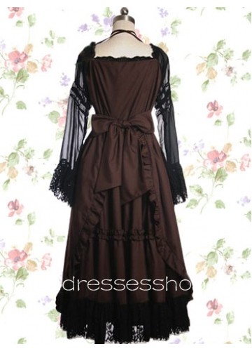 Dark Red Square Long Sleeve Empire Floor-length Cotton Gothic Lolita Dress With Ruffles And Bow