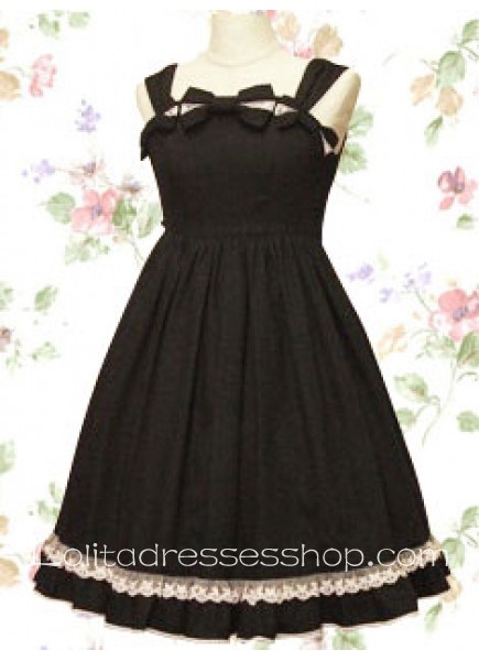 Black Straps Sleeveless Empire Knee-length Gothic Lolita Dress With Vertical Pleats Style