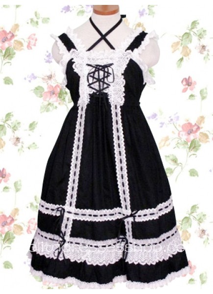 White And Black Square-collar Sleeveless Natural Knee-length Gothic Lolita Dress With Lace Trim Style